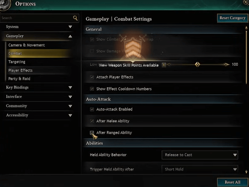 ashes of creation combat setting auto attack